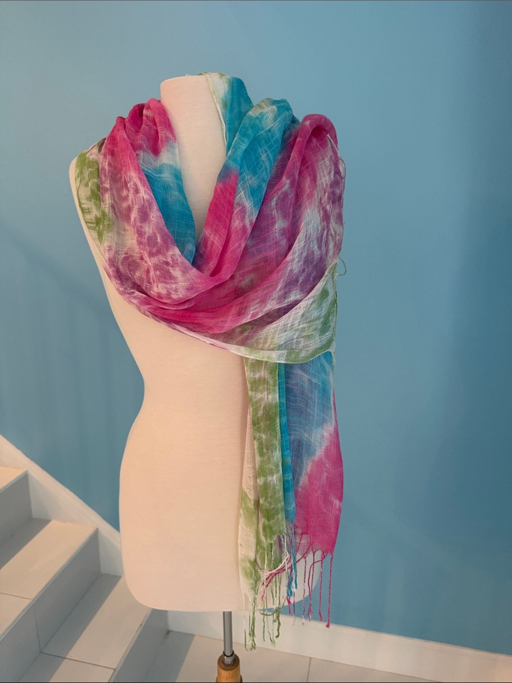 Multicolor Tie-Dye Lightweight Scarf - Pink, Blue & Green